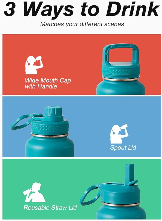 Coolflask Water Bottle 32 oz Insulated with Straw, Stainless Steel Metal 3 Lids Water Flask Wide Mouth for Sports or Office, Non-BPA Keep Cold Up to 48 Hrs or Hot Up to 24 Hrs, Indigo Blue