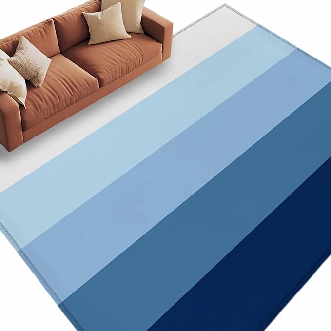 Area Rug 6x9ft, Minimalist Blue White Ombre Stripe Washable Rugs for Living Room Bedroom, Modern Gradient Art Soft Non-Slip Area Rugs Rectangle Floor Carpet for Dining Room