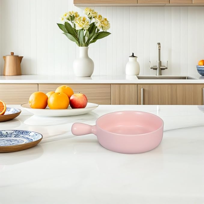 CALLARON Casserole Dishes for Oven - 6 inch Ceramic Baking Dish, Baking Tray with Handle, Round Roasting Lasagna Pan, Porcelain Deep Salad Pasta Plates, Kitchen Serving Tray, Dishwasher Safe, Pink