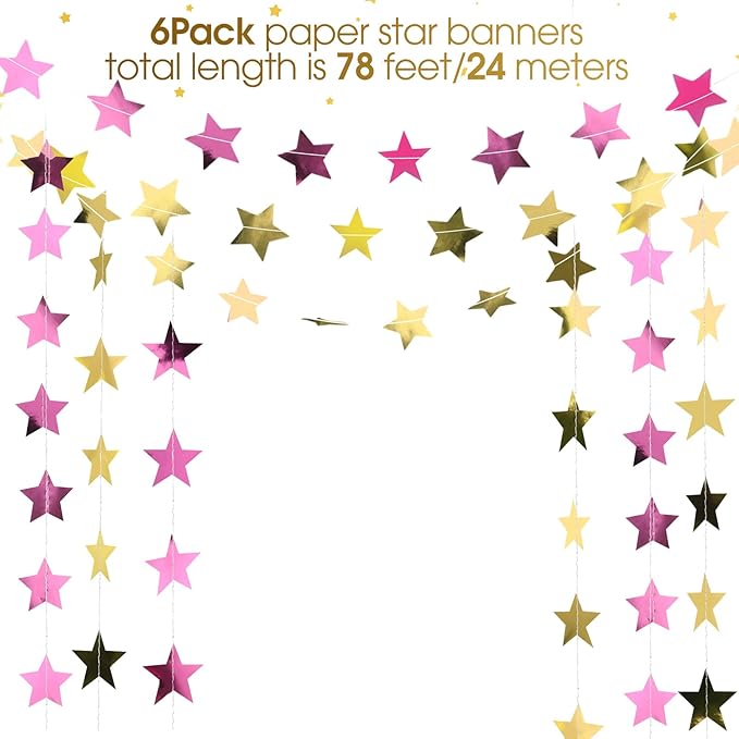 Patelai 78 Feet Glitter Star Garland Banner 2026 Party Decoration Double Side Star Hanging String Streamer Paper Twinkle for Graduation Wedding Birthday (Gold and Pink)