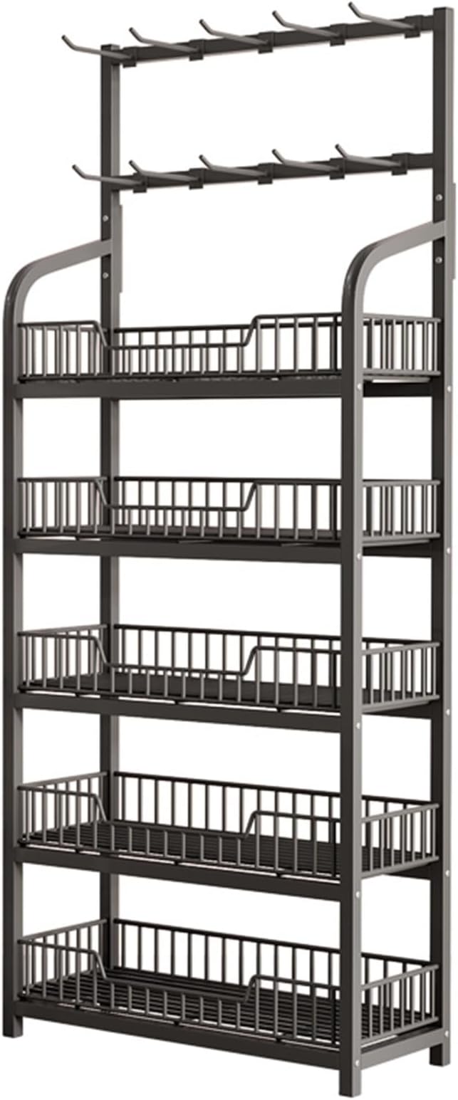5-Tier Snack Shelf Organizer with Guardrail - Commercial Storage Rack for Fruits, Vegetables, Chips, Candy & Party Food Display - Retail & Wholesale Store Fixture with Hooks (Black)