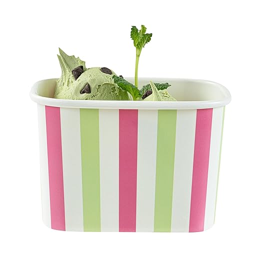 Restaurantware Paper Cups 50 Count 12 Ounce Square Disposable Ice Cream Containers, Leak-Resistant Paper Dessert To Go Cups, Hot And Cold Food, Durable Green And Pink Stripe Design
