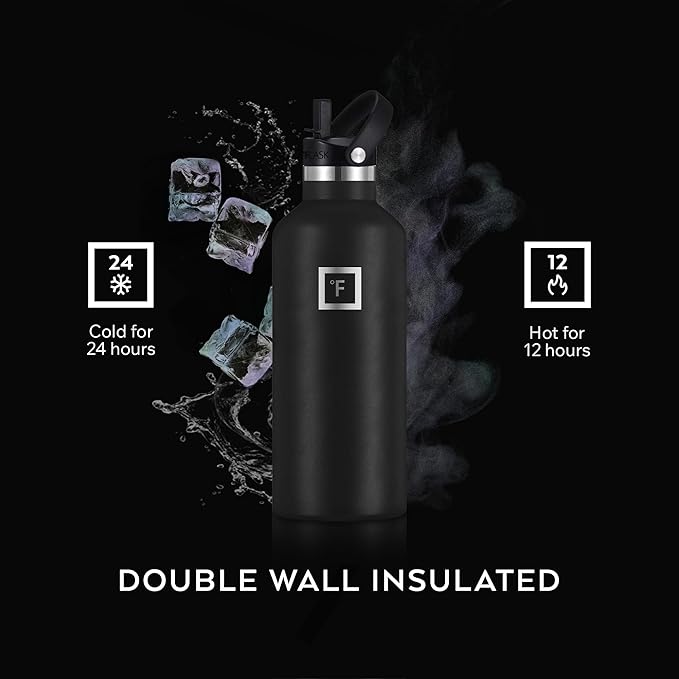 IRON °FLASK Camping & Hiking Hydration Flask with Straw, Narrow Mouth Insulated Stainless Steel Sports Water Bottle - Dark Night 32 oz - Straw (1 Lid)