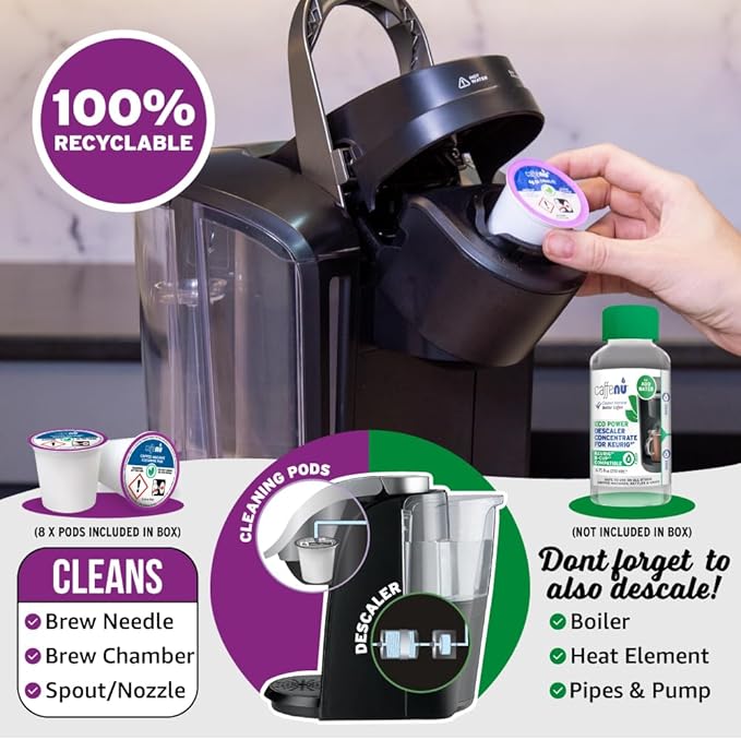 Keurig Compatible Cleaning Pods. 8 Rinse Pods Cleaner Kit. Eco Friendly, Removes Stale Coffee Residue & Stains. Keurig 1.0 & 2.0 Coffee Makers.