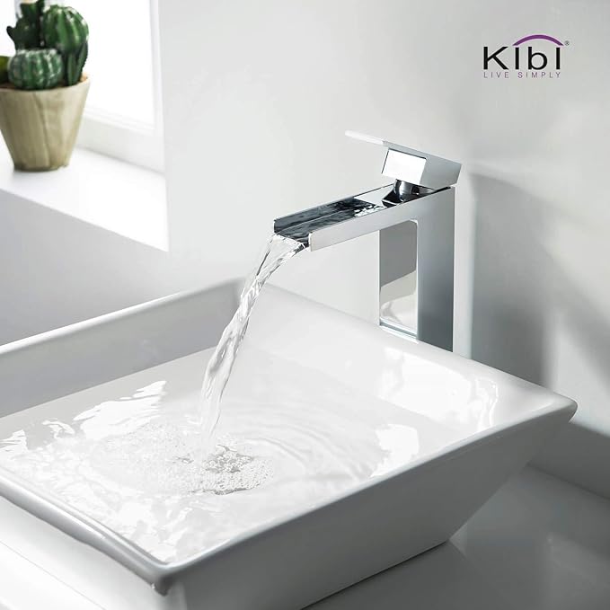 KIBI Tall Waterfall Faucet for Bathroom Sink | Single Handle Brass Vanity Faucet with Water Supply Hose | Durable Brass Construction and Smooth Water Flow | Chrome Finish - KBF1005
