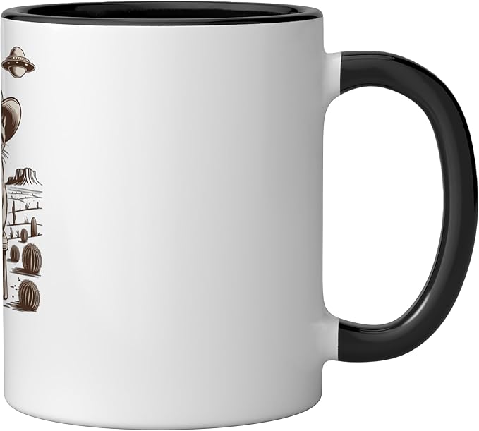 Retro Cowboy Cat UFO Desert Western Feline Art Ceramic Mug, Black/White