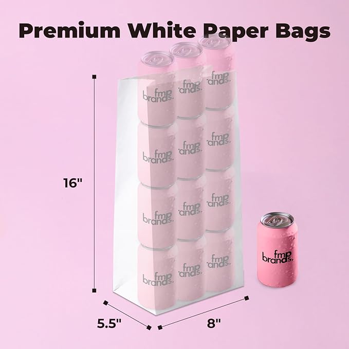 Fit Meal Prep 500 Pack 20 lb Large White Paper Bags, 16 x 8 x 5.5” Durable Blank Paper Bags Bulk for Packing, Delivery, Take Out, Grocery, Retail Shopping, Premium Big Size Sacks for Shopping