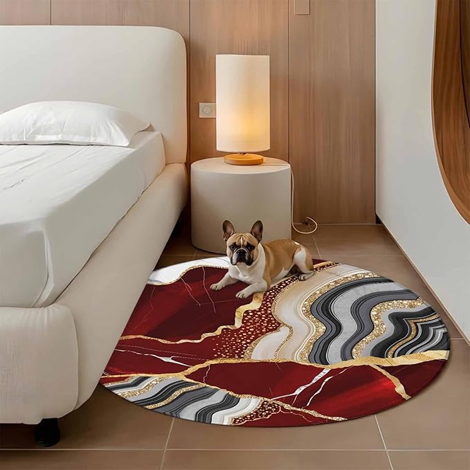 Washable Round Area Rug Abstract Flowing Marble Fluid Art Circle Rugs Floor Carpet for Living Room Bedroom, Red and Gold Lines Soft Non Slip Round Rug 3ft