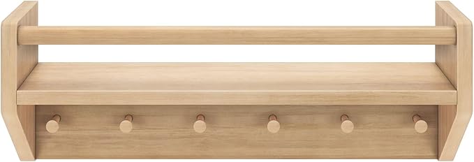 Max & Lily Wall Shelf with Pegs, 24 Inch Floating Bookshelf for Kids Room, Solid Wood Wall-Mounted Storage Shelf with Hooks for Backpacks, Jackets & Décor, Blonde