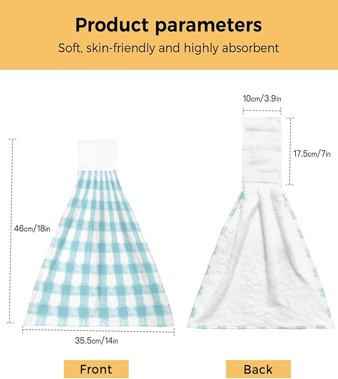 Alandar Home Kitchen Tie Towel Set of 2, Country Farm Buffalo Plaid Grid Absorbent Soft Hand Towels for Bathroom Hanging Towels, Watercolor Classic Lattice Fast Drying Cleaning Cloth with Loop