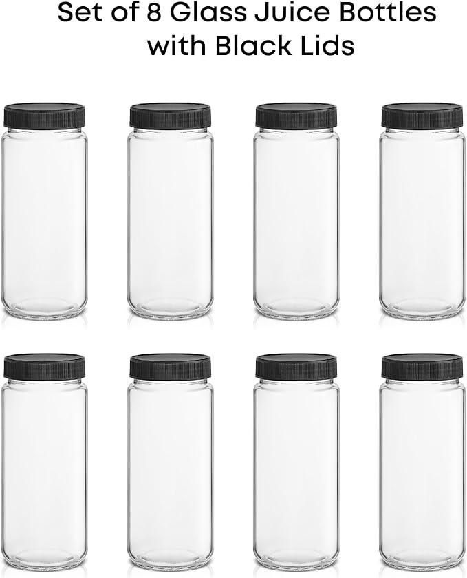JoyJolt Glass Juice Bottles, 16 oz Glass Bottles with Caps. Set of 8 Juice Containers with Lids for Fridge, and Labels for Juice Jars. Glasses for Juice, Cold Brew Bottles, Smoothie Jars