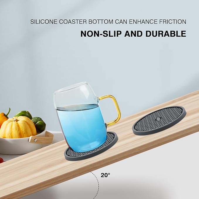 Silicone Coasters for Drinks, Non‑Slip Spill‑Proof Heat Resistant Drink Coasters 2-Piece Set, Reusable Washable Table Protection for Home Decor Kitchen Office, Bar(2Pack,Gray)