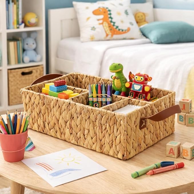 Storage Basket - Water Hyacinth Shelf Basket, Baskets for Organizing, Wicker Diaper Caddy, Decorative Baskets, Baskets for Gifts, Wipes, Home, office (15.75" x 11.03" x 5.52")