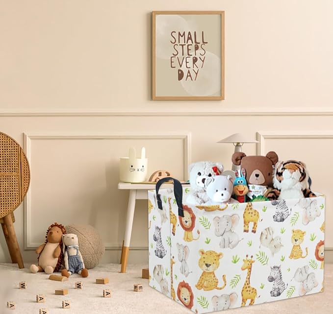 HIYAGON Rectangular Woodland Animal Basket Kids Baby Storage Basket Toy Storage Bin Organizer Box Animal Room Decor(Green Animal)