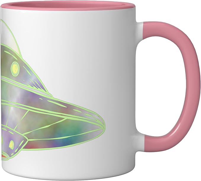 UFO UAP Flying Saucer Alien Spaceship Ceramic Mug, Pink/White