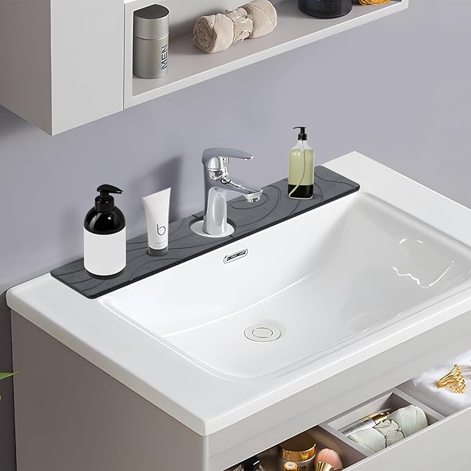 Faucet Mat for Kitchen Sink - Diatomite Quick Dry Sink Splash Guard, Super Absorbent, Kitchen Stone Sink Tray, Faucet Splash Guard for Bathroom Counter (23.62 * 3.93")