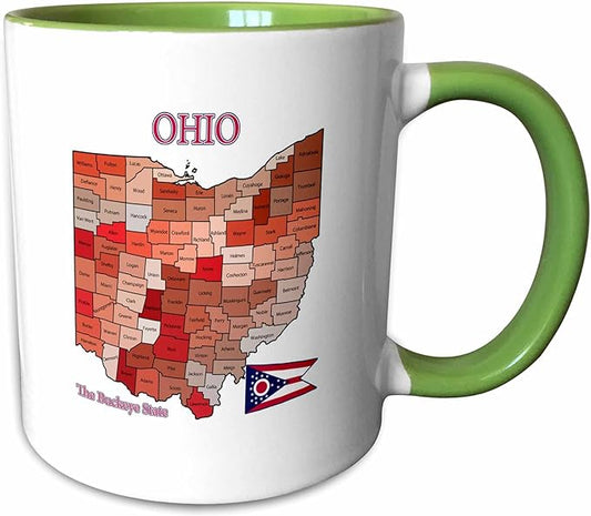 3dRose Map, flag and nickname of Ohio with all counties colored and labeled 11oz Two-Tone Green Mug