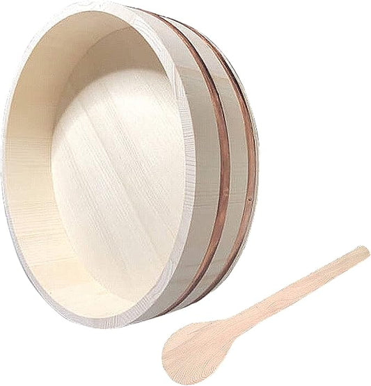 Round Sushi Rice Bowl with Shovel Wooden Hangiri Oke Sushi Rice Tub with Copper Band Rice Mixing Bowl Tub for Restaurant Home Kitchen 36x8cm (62x16cm)