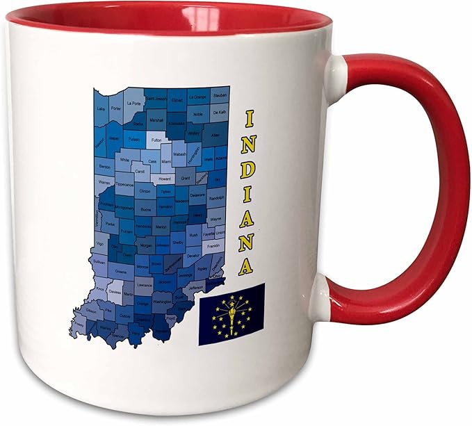 3dRose Flag and county map the state of Indiana. Counties labeled, colored 11oz Two-Tone Red Mug