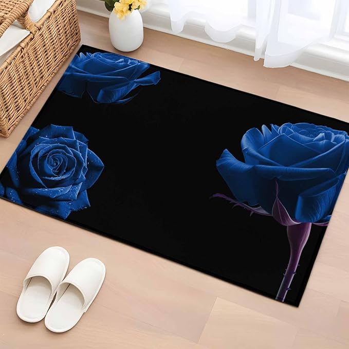 Area Rug 2x3ft, Abstract Garden Blue Rose Washable Rugs for Living Room Bedroom, Classic Country Floral Soft Non-Slip Area Rugs Rectangle Floor Carpet for Dining Room