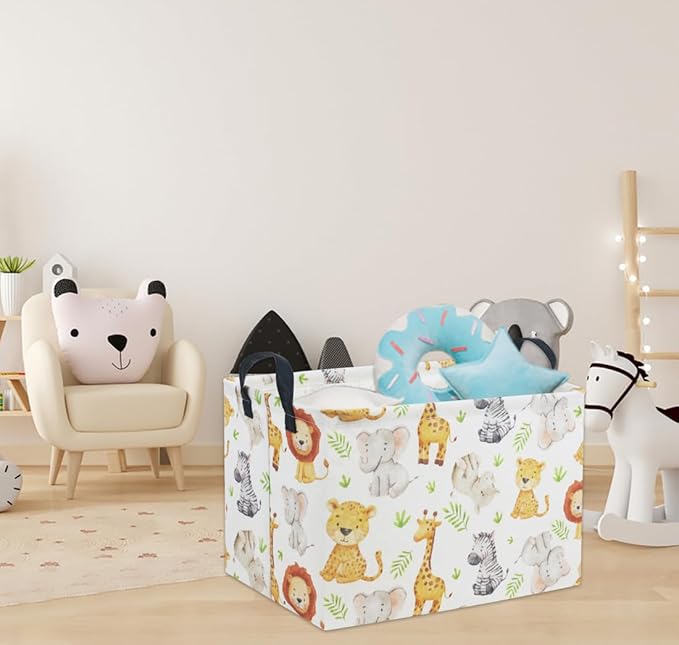 HIYAGON Rectangular Woodland Animal Basket Kids Baby Storage Basket Toy Storage Bin Organizer Box Animal Room Decor(Green Animal)