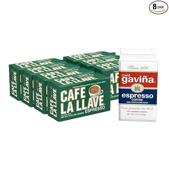 Cafe La Llave Cuban-Style Espresso Dark Roast Ground Coffee, 8-Pack, 10 oz Bricks, Includes 1 Bonus Cafe Gaviña – Rich Bold Flavor