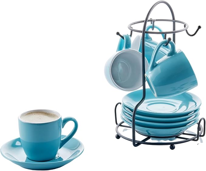 IMUSA USA 8pc 3oz Blue and White Espresso Cups & Saucers Set w/Storing Rack, 8pc, Teal