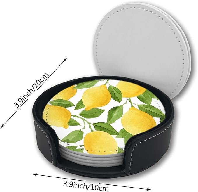 Lemon Leather Drinks Coasters with Holder Set of 6, Suitable for Kinds of Cups