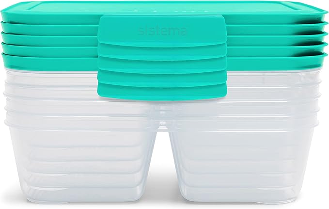Sistema Nest It Meal Prep Food Storage Containers with Lids, 5-Pack of Large 8-Cup Containers with 3 Divided Compartments, Airtight & Leak-Resistant, Dishwasher, Microwave, & Freezer-Safe, BPA-Free