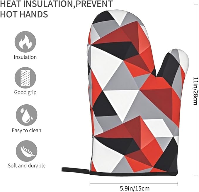 Red Black Gray Geometric Oven Mitts of 2-Pack Set, Funny Kitchen Gloves Heat Resistant Non-Slip Kitchen Mitts for Cooking Baking Grilling