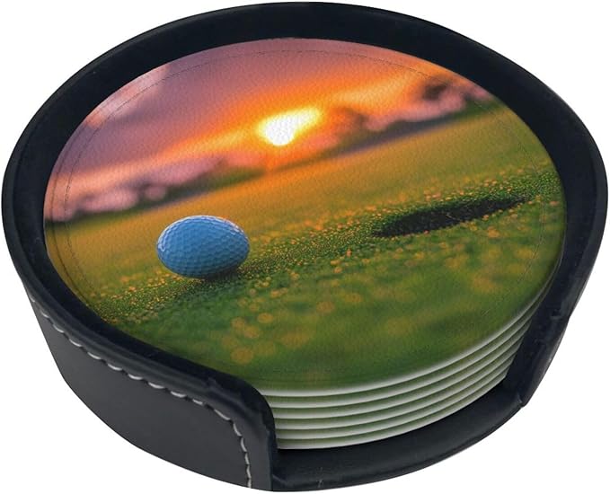 Golfing Golf Leather Drinks Coasters with Holder, Set of 6, Suitable for Various Cups