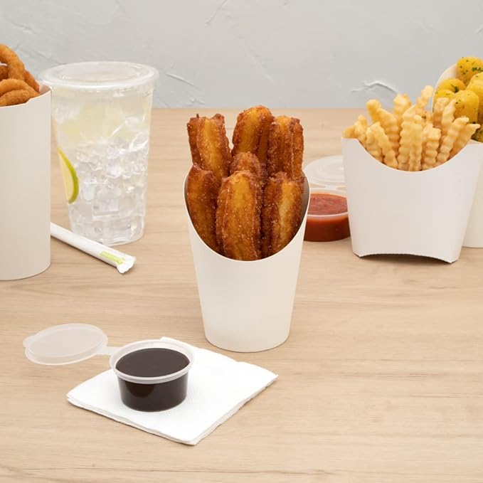 Restaurantware Bio Tek 12 Ounce French Fry Containers 100 Disposable Charcuterie Cups - Incline Design Round White Paper French Fry Cups Stackable For Waffles Chips or Popcorn