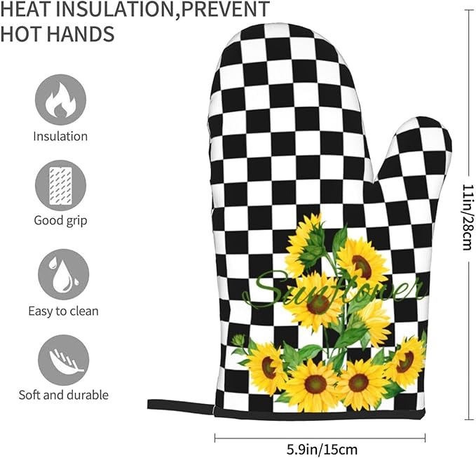 Sunflower Oven Mitts of 2-Pack Set, Funny Kitchen Gloves Heat Resistant Non-Slip Kitchen Mitts Safe Cooking Baking Grilling