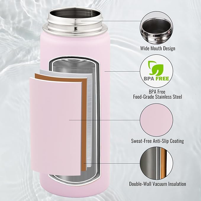 Fijinhom 24 oz Insulated Water Bottle with Handle, 304 Stainless Steel Water Bottles with Wide Mouth, Double Wall Vacuum Sports Water Bottle, BPA Free, Keep Cold and Hot, Pink