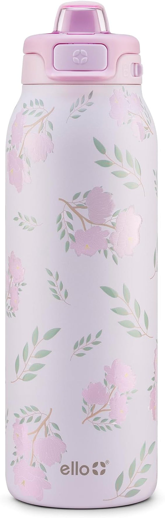 Ello Pop & Fill 32oz Stainless Steel Water Bottle with QuickFill Technology, Double Walled and Vacuum Insulated Metal, Leak Proof Locking Lid, Straw and Chug, Reusable, BPA Free, Blossom Bliss