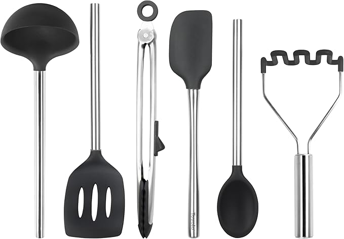 Tovolo Silicone Cooking Utensil Set of 6 Stainless Steel Handle Ladle Slotted Turner Tongs Flex Core Spatula Scraper Mixing Spoon & Potato Masher, Dishwasher Safe BPA Free Utensils, Black