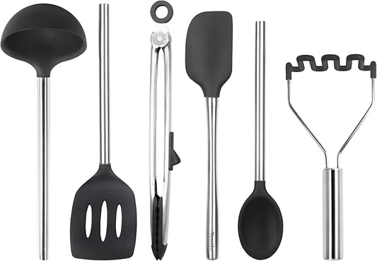 Tovolo Silicone Cooking Utensil Set of 6 Stainless Steel Handle Ladle Slotted Turner Tongs Flex Core Spatula Scraper Mixing Spoon & Potato Masher, Dishwasher Safe BPA Free Utensils, Black
