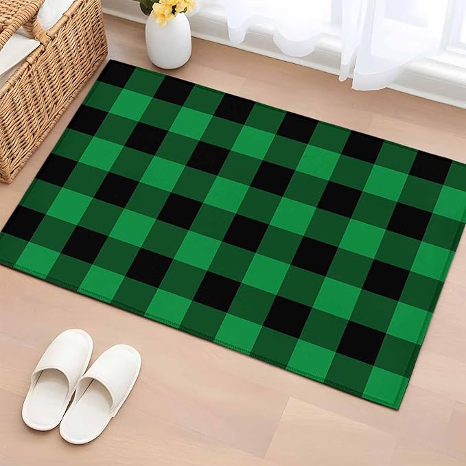 Area Rug 2x3ft, St. Patrick's Day Lucky Green Black Plaid Washable Rugs for Living Room Bedroom, Buffalo Lattice Soft Non-Slip Area Rugs Rectangle Floor Carpet for Dining Room