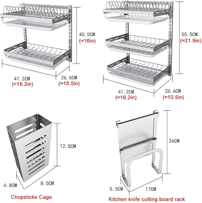 Stainless Steel Dish Rack with Drain Pan - Wall-Mounted 2/3 Layers for Efficient Kitchen Drying and Space-Saving，3 Layers High21.9in
