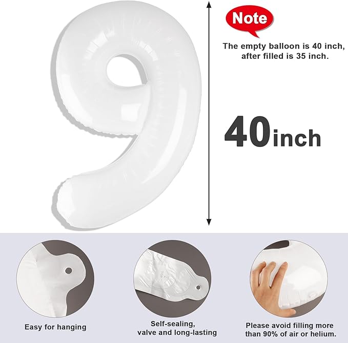 40 Inch White Numbers 9 Balloon, Balloons Decorations for 9 19 90 Birthday Party, Engagement, Wedding, Graduations, Photo Shoot Supplies