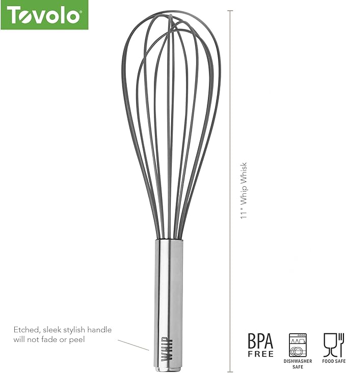 Tovolo Balloon Whisk 11 in Whip Whisk for Cooking Blending Mixing Stirring Whipping Beating, Dishwasher Safe Silicone Coated Wire Handheld Large Heavy Duty Multi Function Whip Whisking, Charcoal Gray
