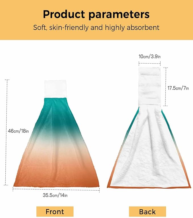 Alandar Home Kitchen Tie Towel Set of 2, Turquoise Orange Gradient Absorbent Soft Hand Towels for Bathroom Hanging Towels, Watercolor Stripes Ombre Fast Drying Cleaning Cloth with Loop
