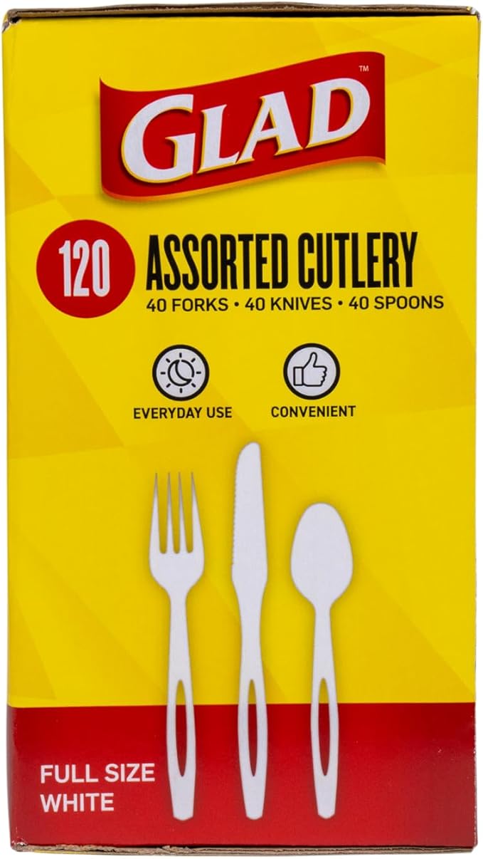 Glad White Disposable Cutlery Set with Heavy Duty Plastic Forks, Knives, and Spoons, Reusable Dishwasher Safe Plastic Utensils for Parties and Everyday Use, 120 Count
