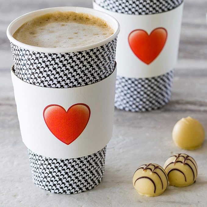 Restaurantware SLEEVES ONLY: Restpresso 5.1 x 2.8 Inch Coffee Cup Sleeves 50 Corrugated Hot Cup Sleeves - Heart Emoji Heat-Tolerant White Paper Disposable Coffee Sleeves Secure Grip (Pack of 2)