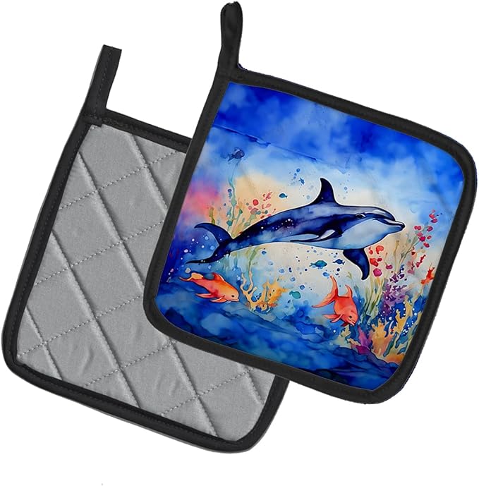 Caroline's Treasures Dolphin Pair of Pot Holders Kitchen Heat Resistant Pot Holders Sets Oven Hot Pads for Cooking Baking BBQ, 7 1/2 x 7 1/2