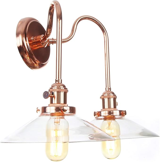 Wall Lamps with Switch, 2-Lights Rose Gold Bathroom Vanity Lights Wall Mounted Lighting Clear Glass Lampshade Wall Sconces(Color:F)