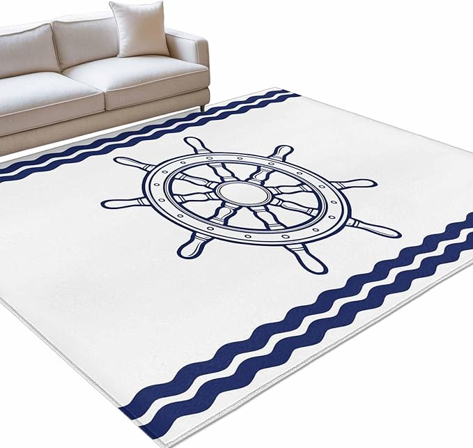 Area Rug 4x6ft, Summer Marine Nautical Ship Rudder Washable Rugs for Living Room Bedroom, Ocean Theme Navy Blue White Soft Non-Slip Area Rugs Rectangle Floor Carpet for Dining Room