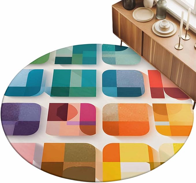 Washable Round Area Rug Modern Geometric Squares Circle Rugs Floor Carpet for Living Room Bedroom, Colorful Abstract Art Soft Non Slip Round Rug 5ft