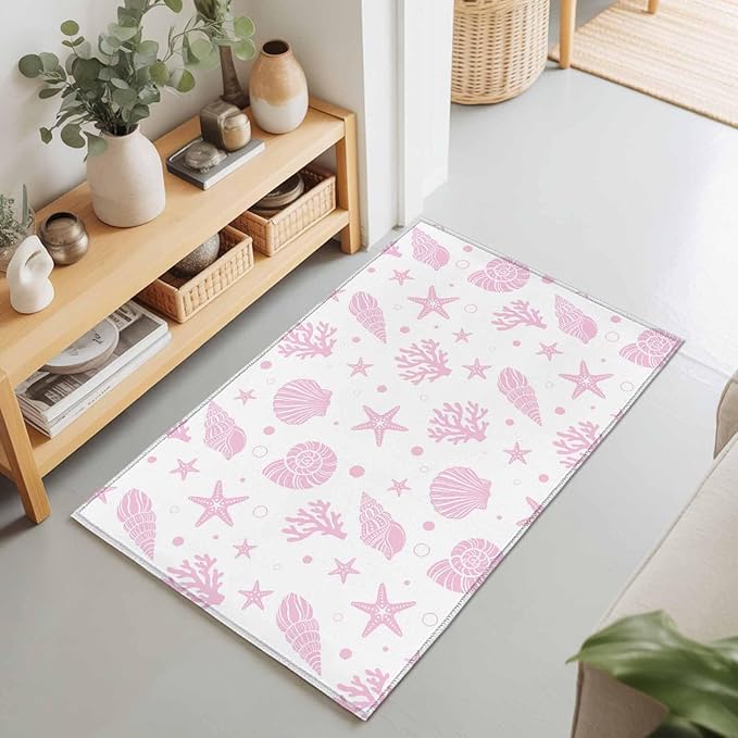 Area Rug 2x3ft, Pink Ocean Shell Conch Coral Starfish Washable Rugs for Living Room Bedroom, Summer Marine Theme Soft Non-Slip Area Rugs Rectangle Floor Carpet for Dining Room
