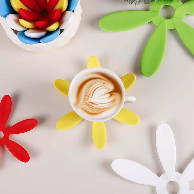 Silicone Succulent Cup Coasters Set of 4, Colorful Trivet Mats, Hot Pads for Pots Pans, Foldable Heat Resistant Coasters with Holder, Multipurpose Kitchen Table Protection (Green Yellow White Red)